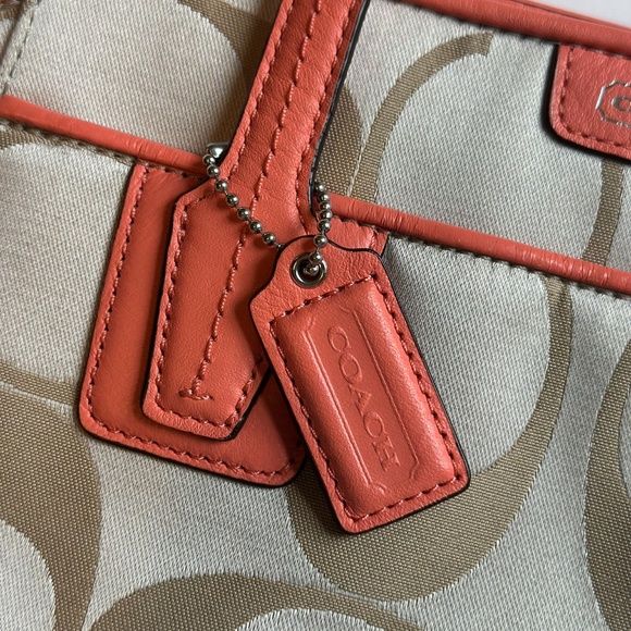 Coach satin with coral leather small handbag - Picture 3 of 5